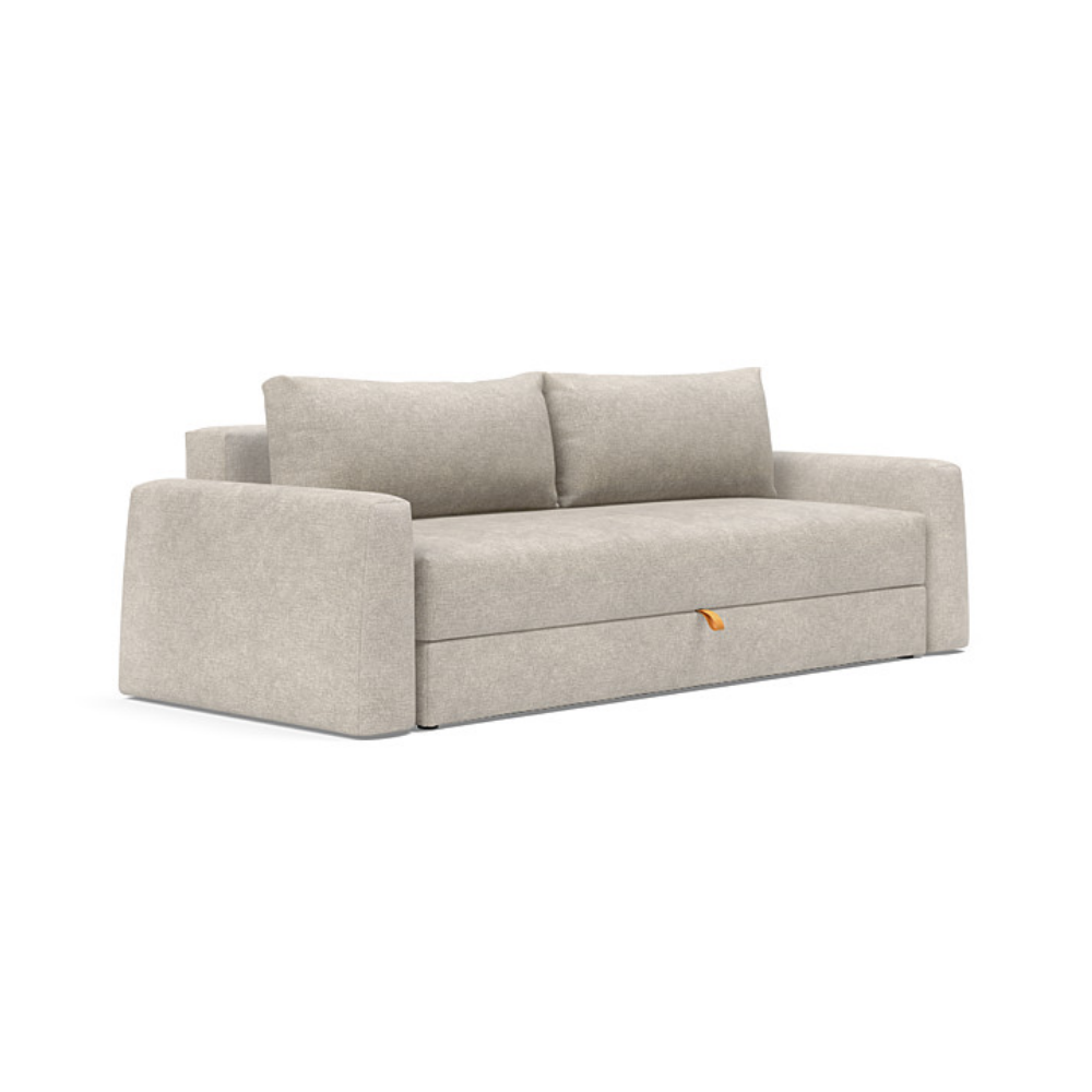The Cone Sleeper Sofa from Innovation Living with avella sand 280 upholstery setup as a sofa.