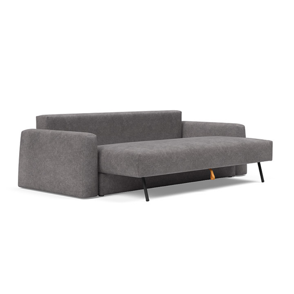 The Cone Sleeper Sofa from Innovation Living with avella warm grey 282 upholstery seat pulled out of the couch.