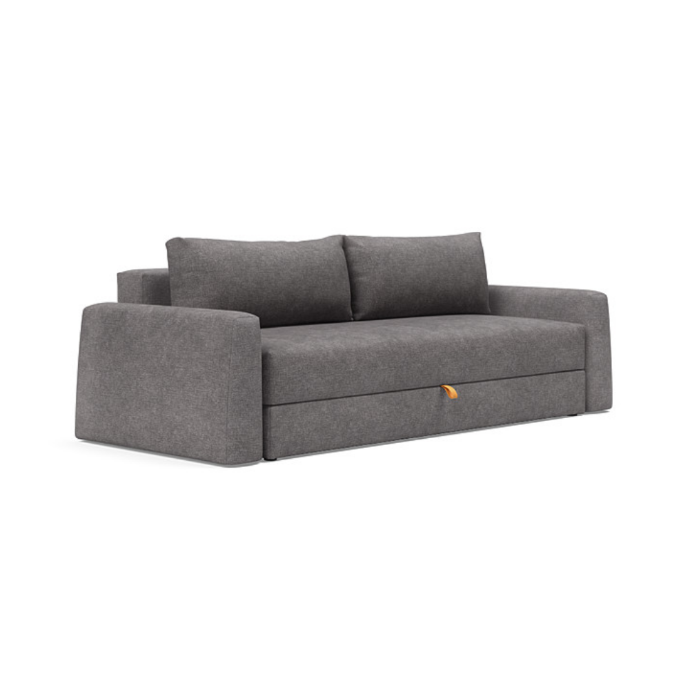 The Cone Sleeper Sofa from Innovation Living with avella warm grey 282 upholstery setup as a sofa.