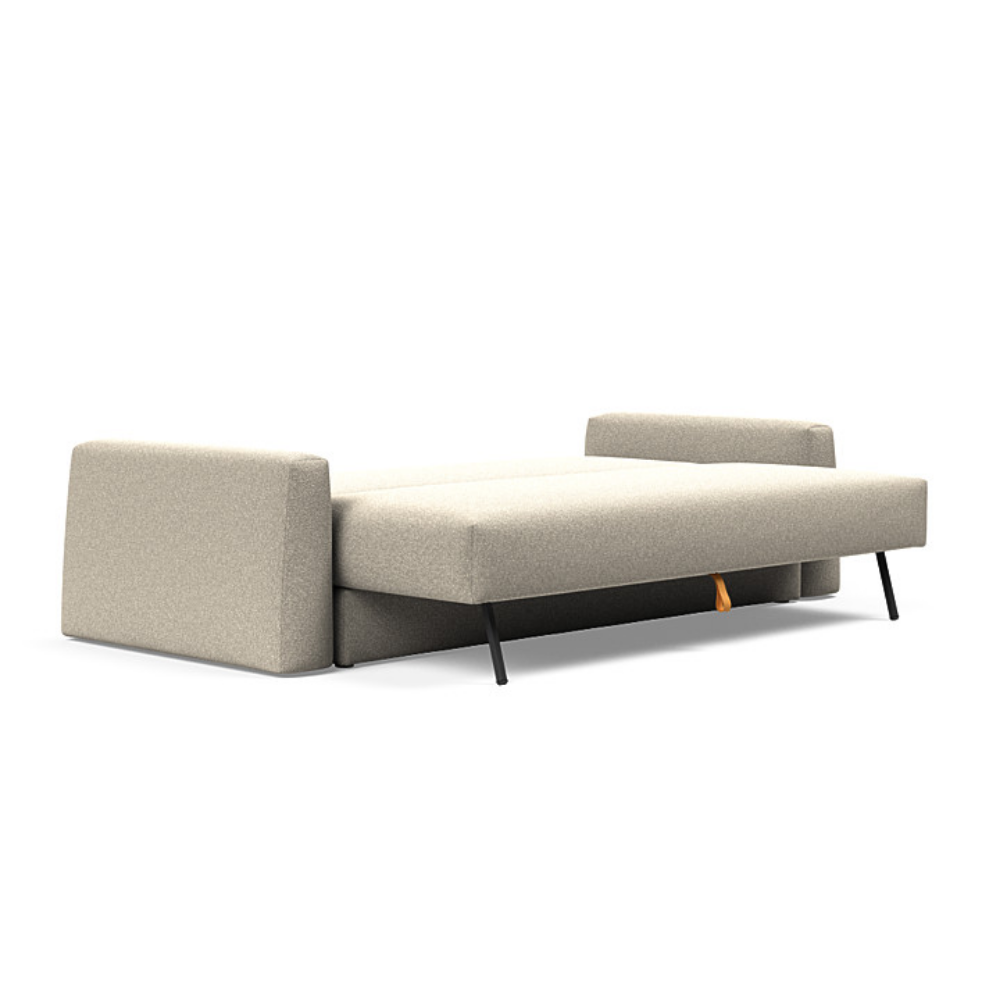 The Cone Sleeper Sofa from Innovation Living with boucle beige 539 upholstery setup as a bed.