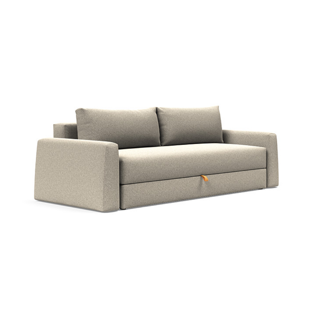 The Cone Sleeper Sofa from Innovation Living with boucle beige 539 upholstery setup as a sofa.