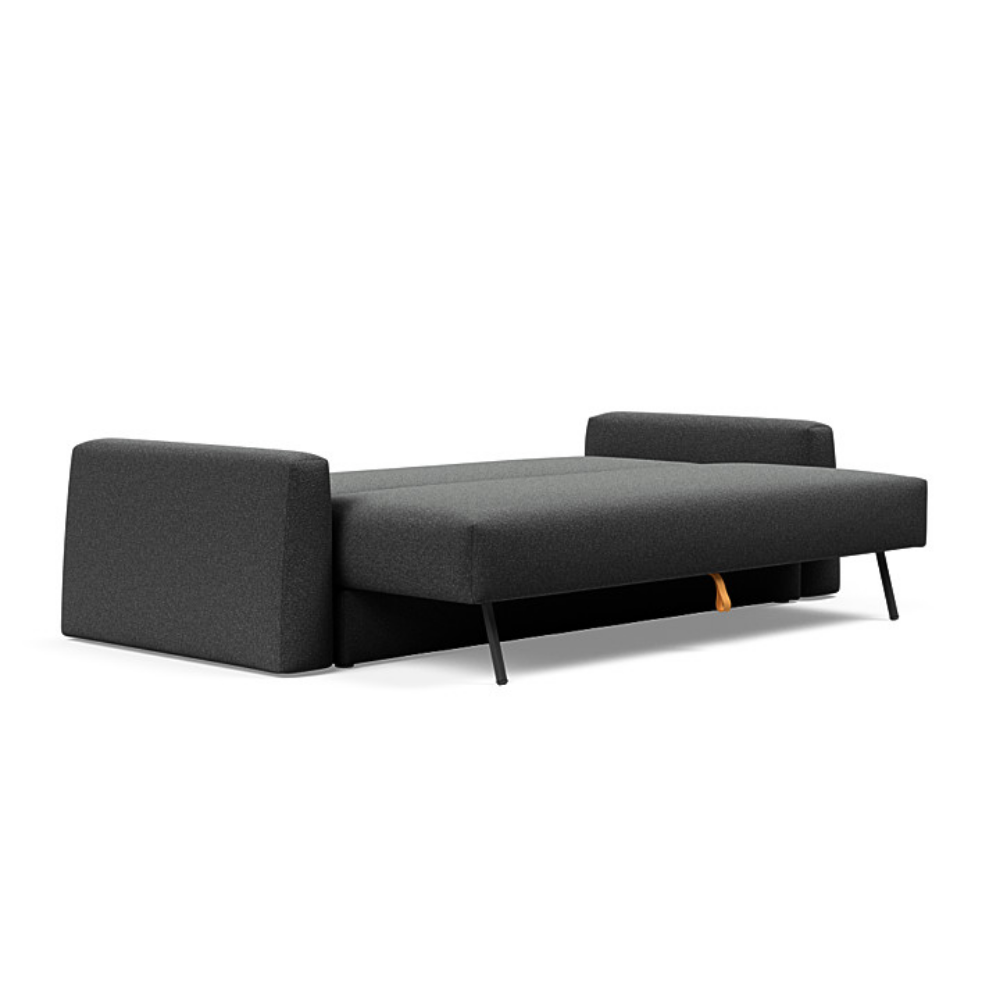 The Cone Sleeper Sofa from Innovation Living with boucle charcoal 529 upholstery setup as a bed.