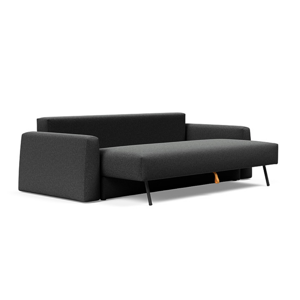 The Cone Sleeper Sofa from Innovation Living with boucle charcoal 529 upholstery seat ulled out for the couch.