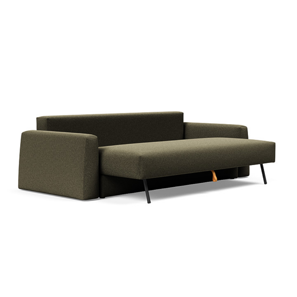 The Cone Sleeper Sofa from Innovation Living with boucle forest green 535 upholstery seat pulled out of the couch.