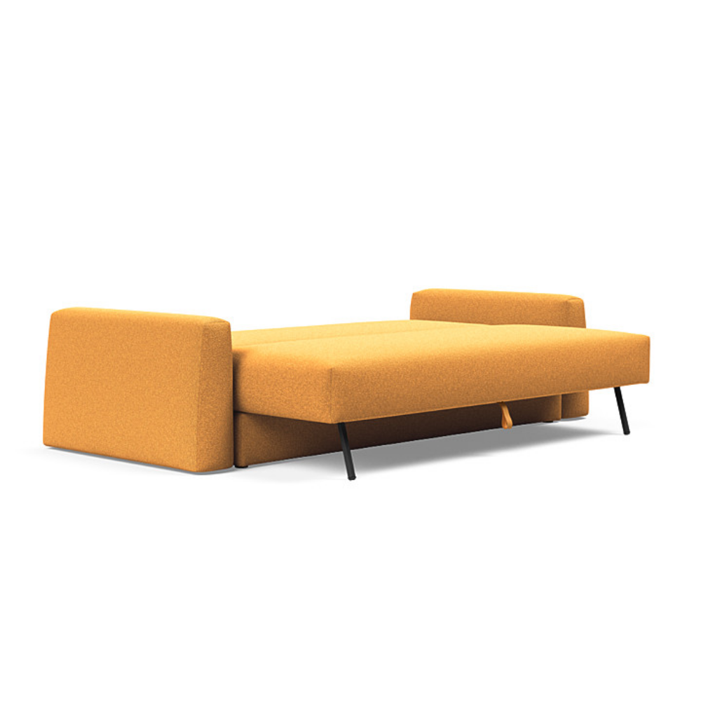 The Cone Sleeper Sofa from Innovation Living with boucle ochre 536 upholstery setup as a bed.