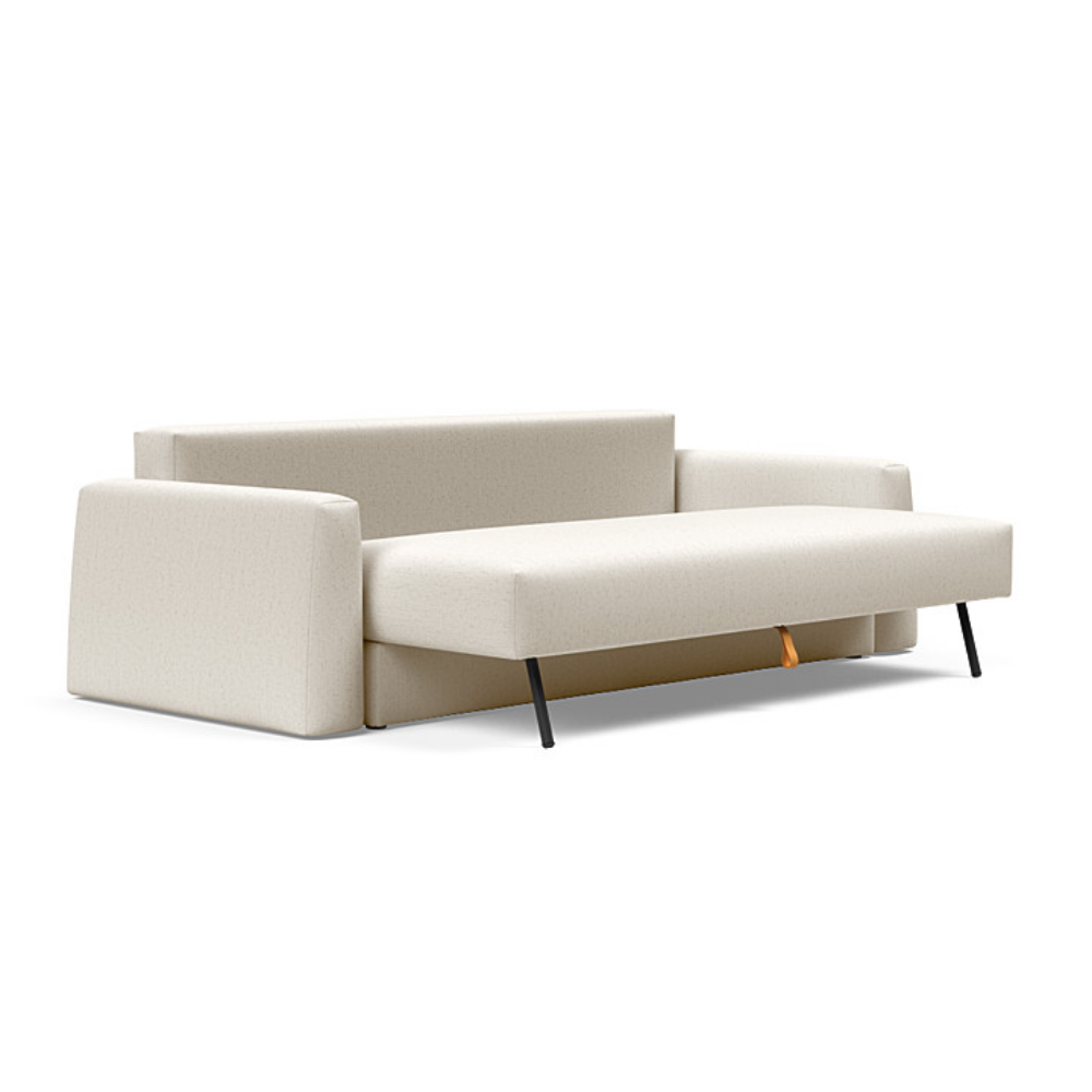 The Cone Sleeper Sofa from Innovation Living with boucle off white 531 upholstery seat pulled out of the couch.