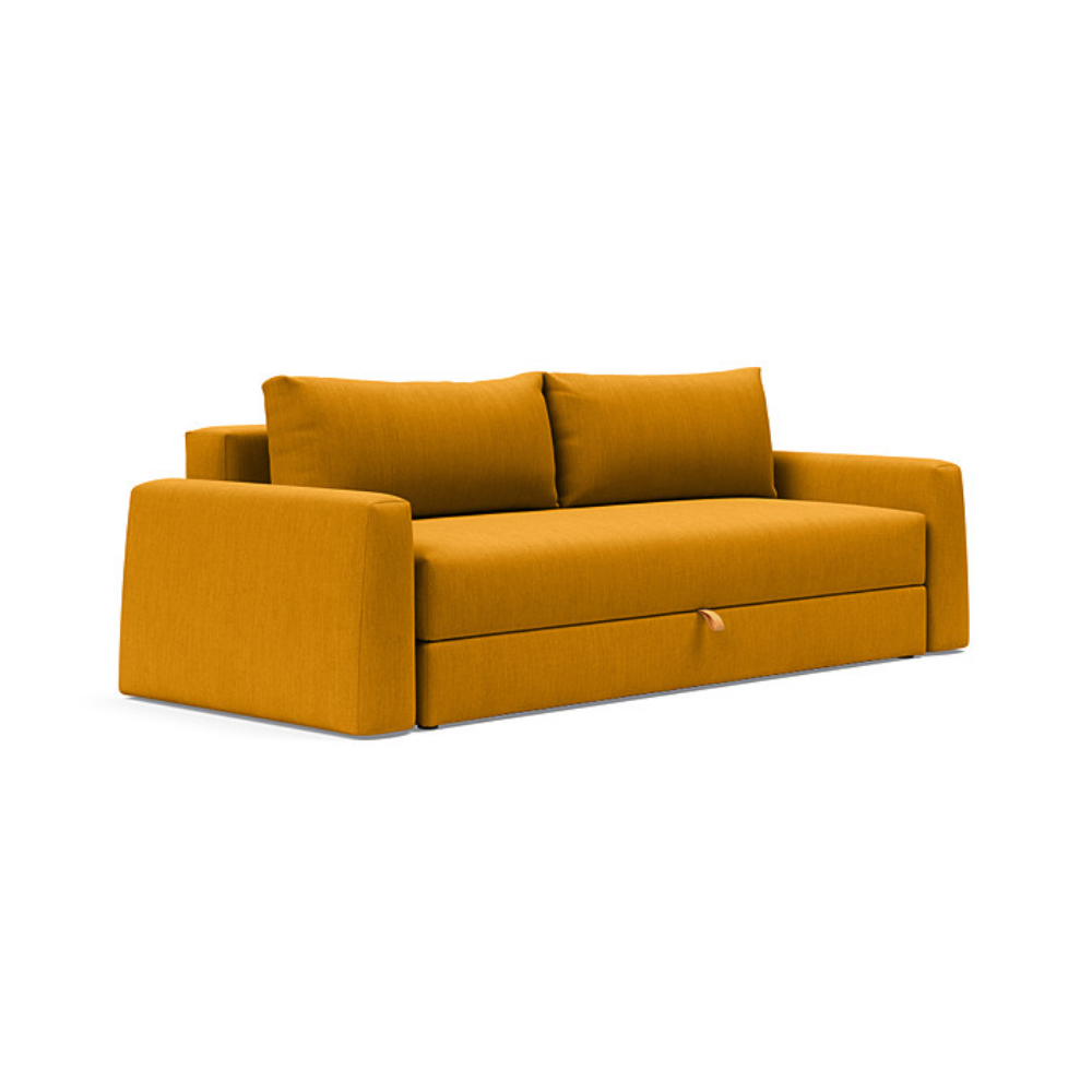 The Cone Sleeper Sofa from Innovation Living with elegance burned curry 507 upholstery setup as a sofa.