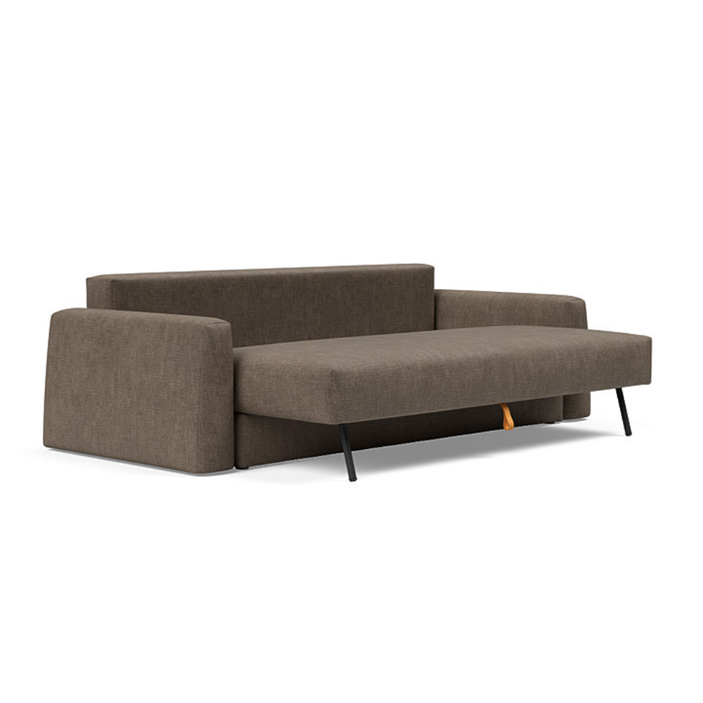 The Cone Sleeper Sofa from Innovation Living with esina cedar brown 411 upholstery seat pulled out of the couch.