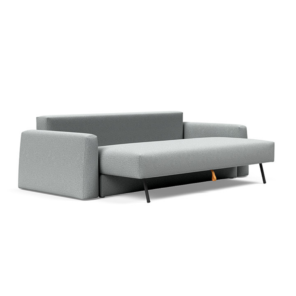 The Cone Sleeper Sofa from Innovation Living with melange light grey 538 upholstery seat pulled out of the couch.