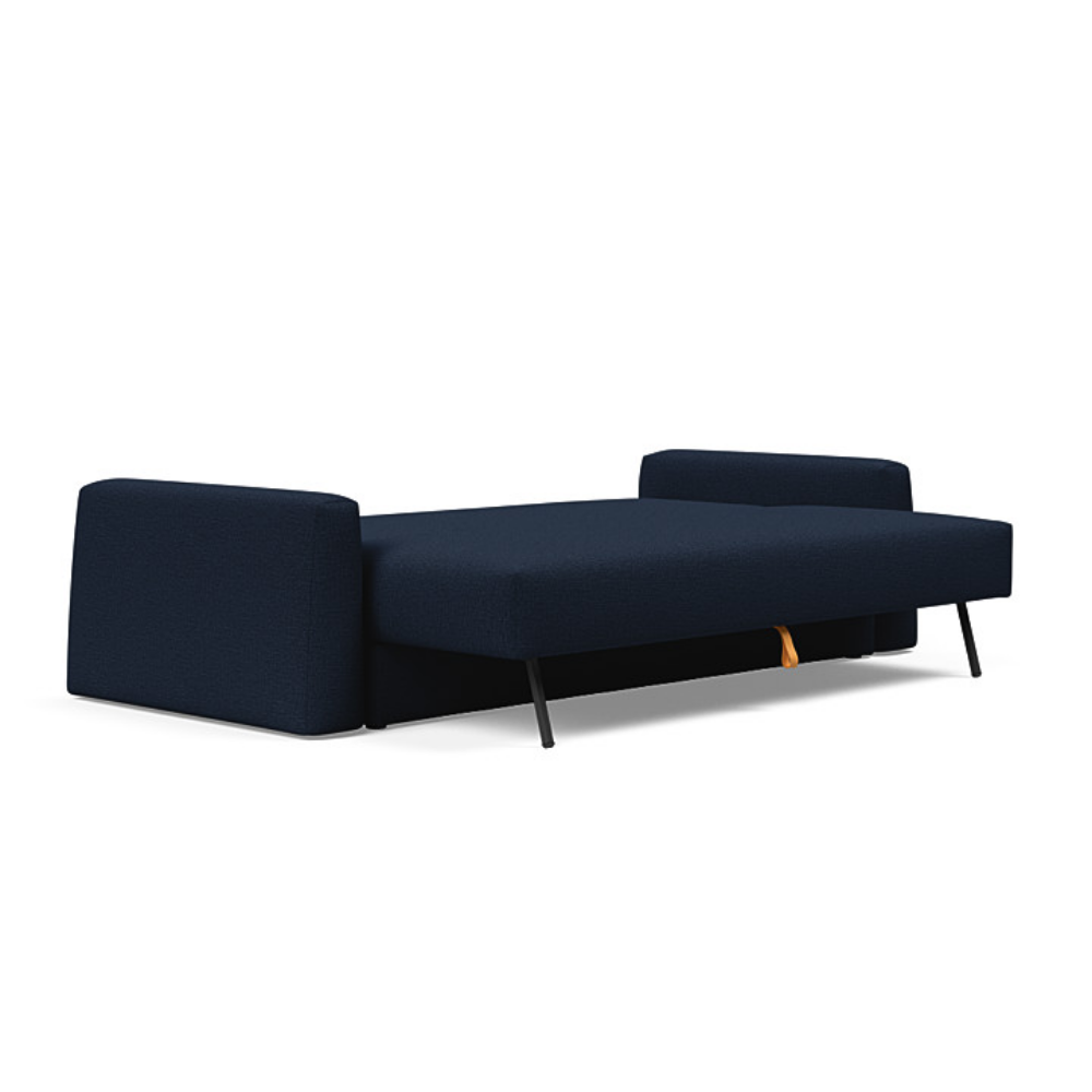 The Cone Sleeper Sofa from Innovation Living with mixed dance blue 528 upholstery setup as a bed.