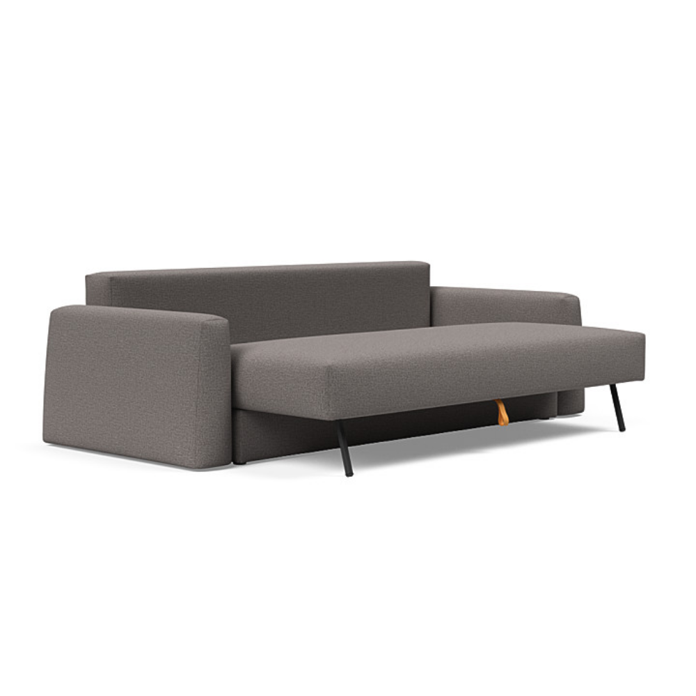 The Cone Sleeper Sofa from Innovation Living with mixed dance grey 521 upholstery seat pulled out from the couch.