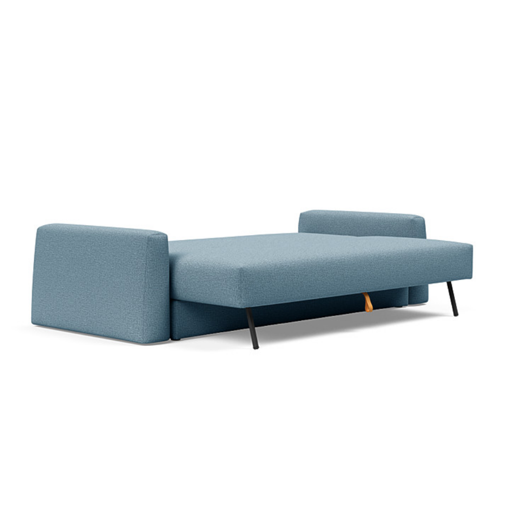 The Cone Sleeper Sofa from Innovation Living with mixed dance light blue 525 upholstery setup as a bed.