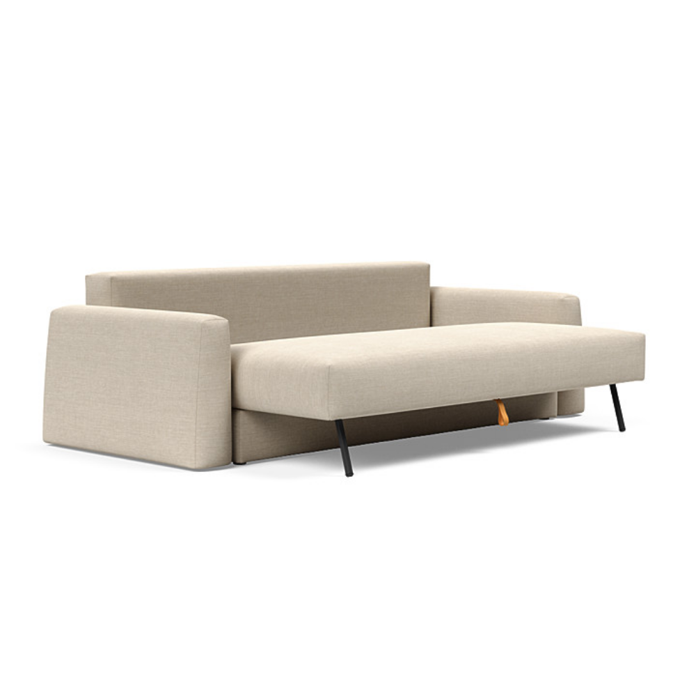The Cone Sleeper Sofa from Innovation Living with phobos latte 586 upholstery seat pulled out of the couch.