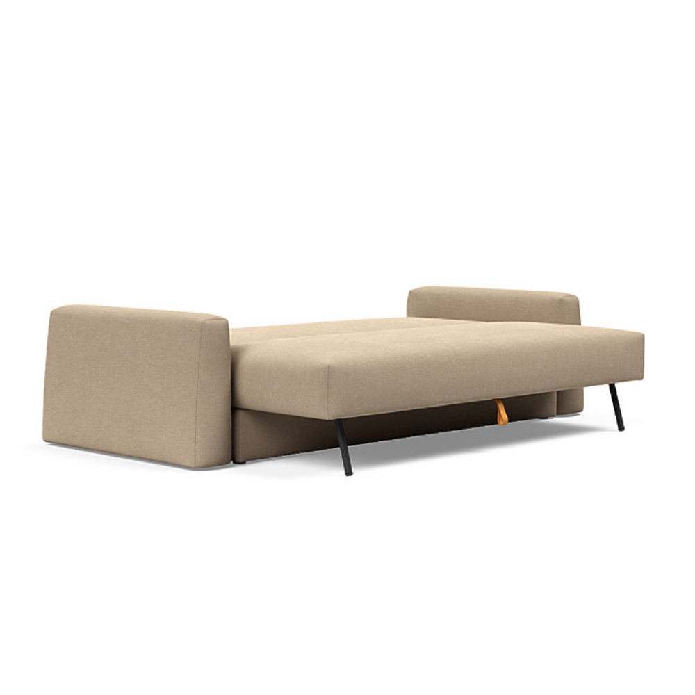 The Cone Sleeper Sofa from Innovation Living with phobos latte 586 upholstery setup as a bed.