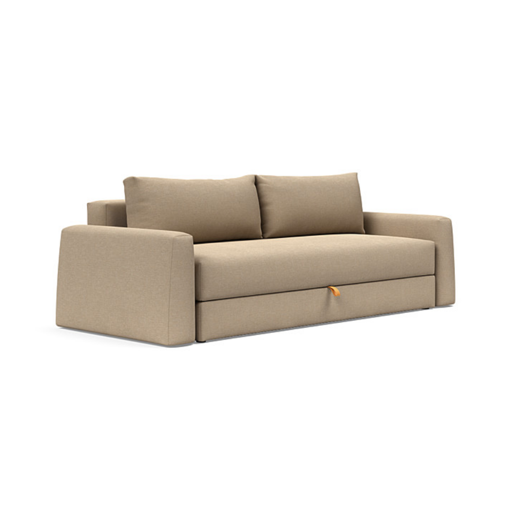The Cone Sleeper Sofa from Innovation Living with phobos mocha 587 upholstery setup as a sofa.