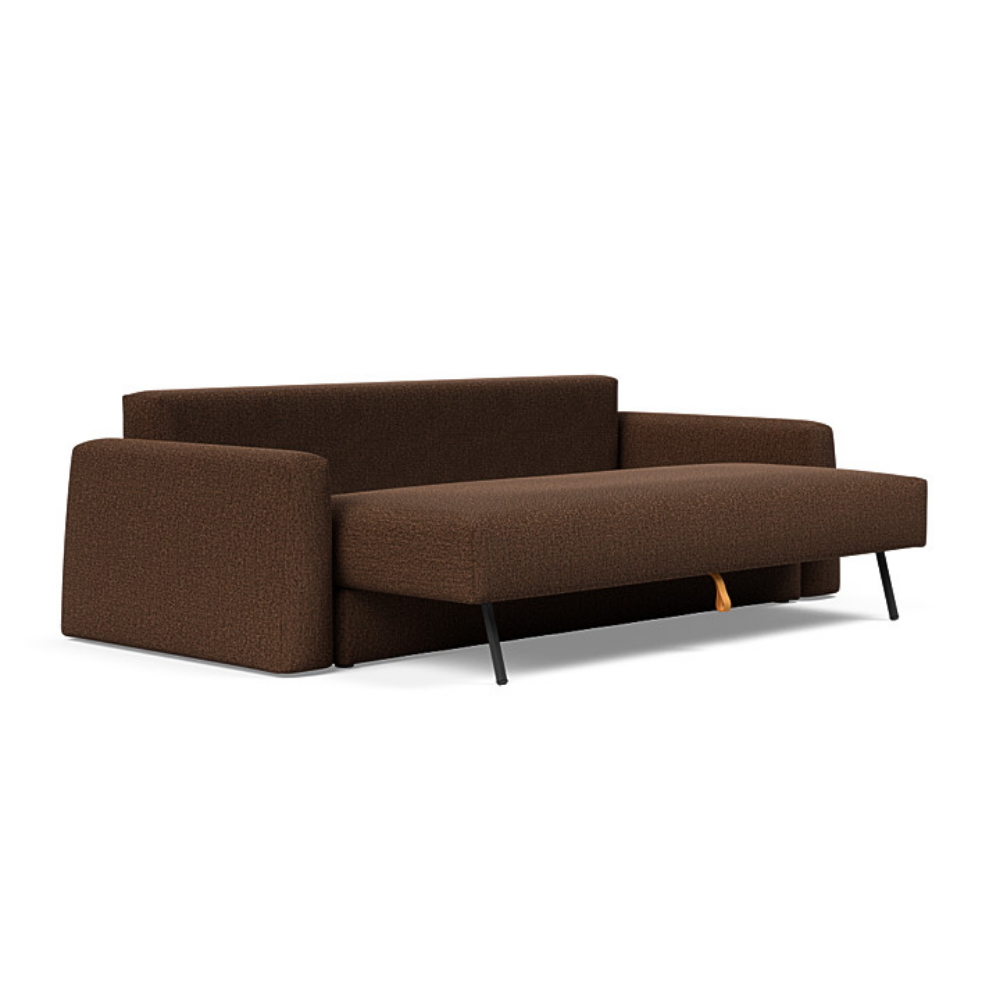 The Cone Sleeper Sofa from Innovation Living with taura cappuccino 359 upholstery seat pulled out of the couch.