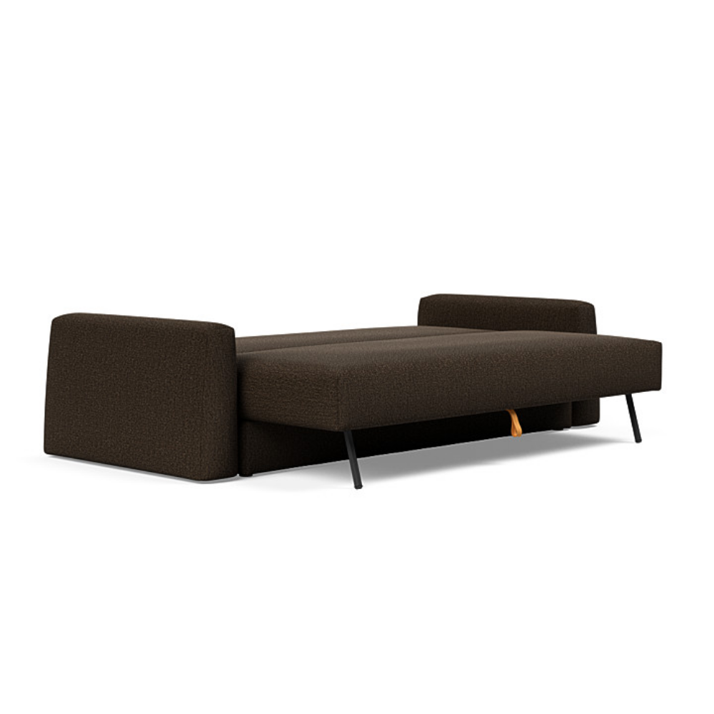 The Cone Sleeper Sofa from Innovation Living with taura chocco 358 upholstery setup as a bed.