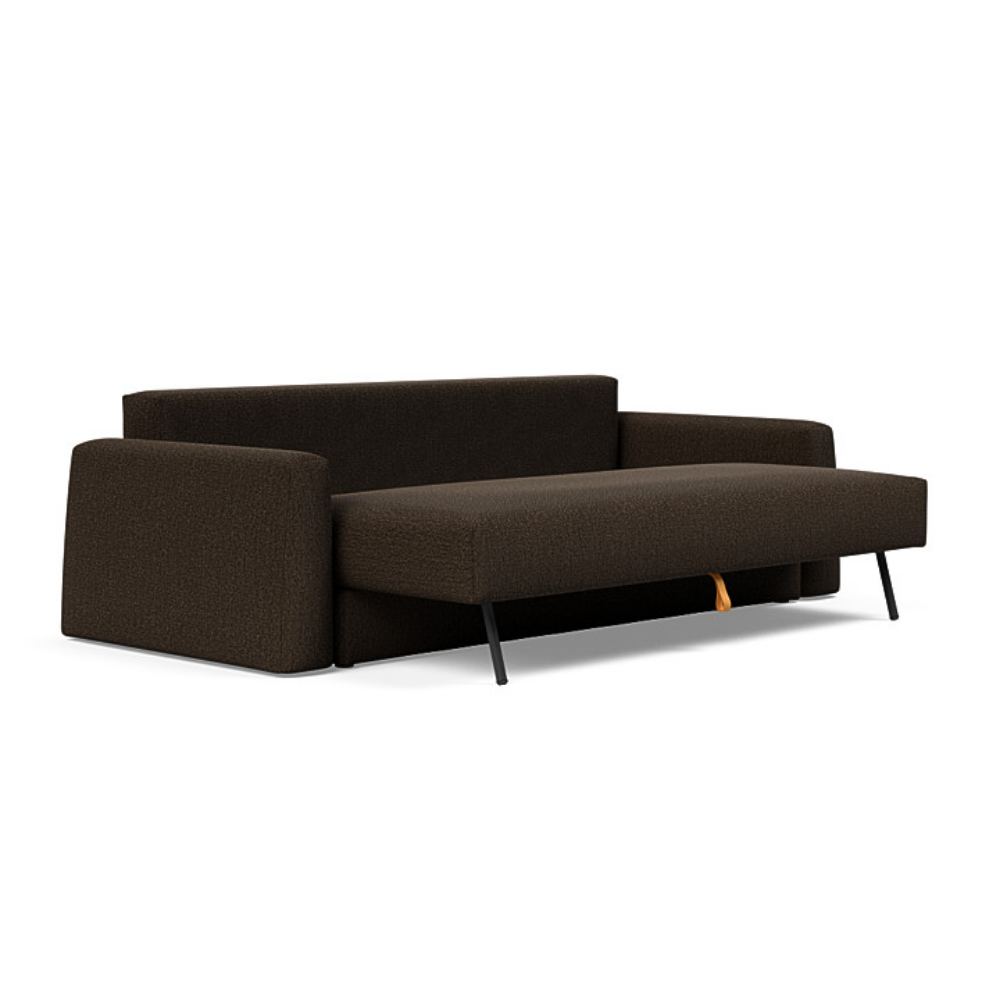 The Cone Sleeper Sofa from Innovation Living with taura chocco 358 upholstery seat pulled out of the couch.