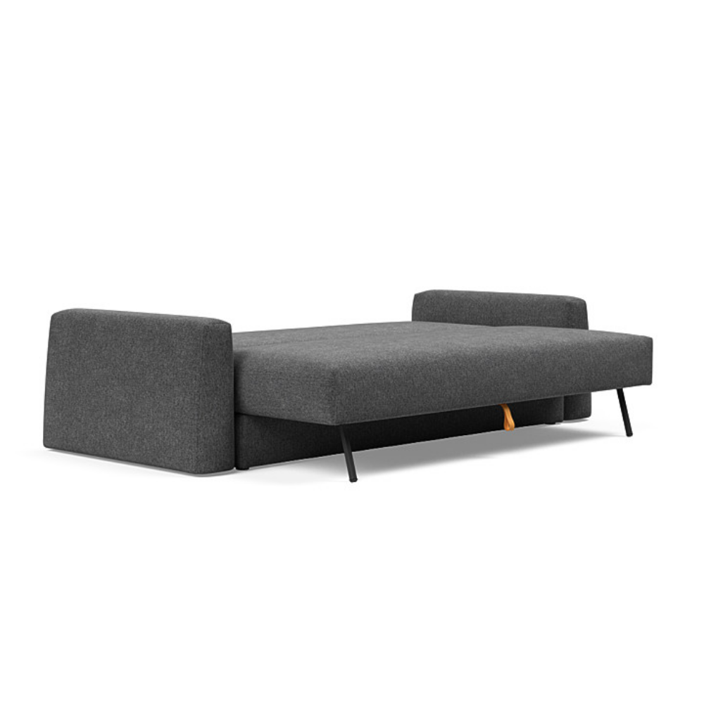 The Cone Sleeper Sofa from Innovation Living with taura deep grey 350 upholstery setup as a bed.