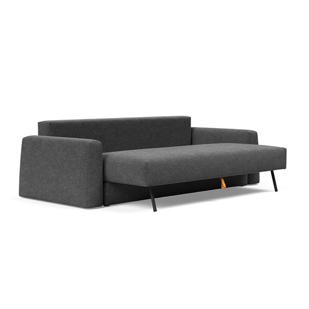 The Cone Sleeper Sofa from Innovation Living with taura deep grey 350 upholstery seat pulled out of the couch.