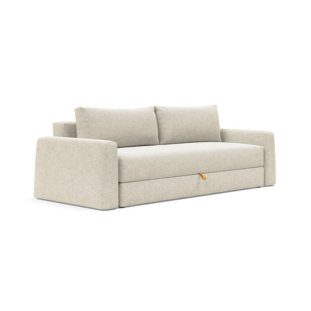 The Cone Sleeper Sofa from Innovation Living with taura off white 357 upholstery setup as a sofa.
