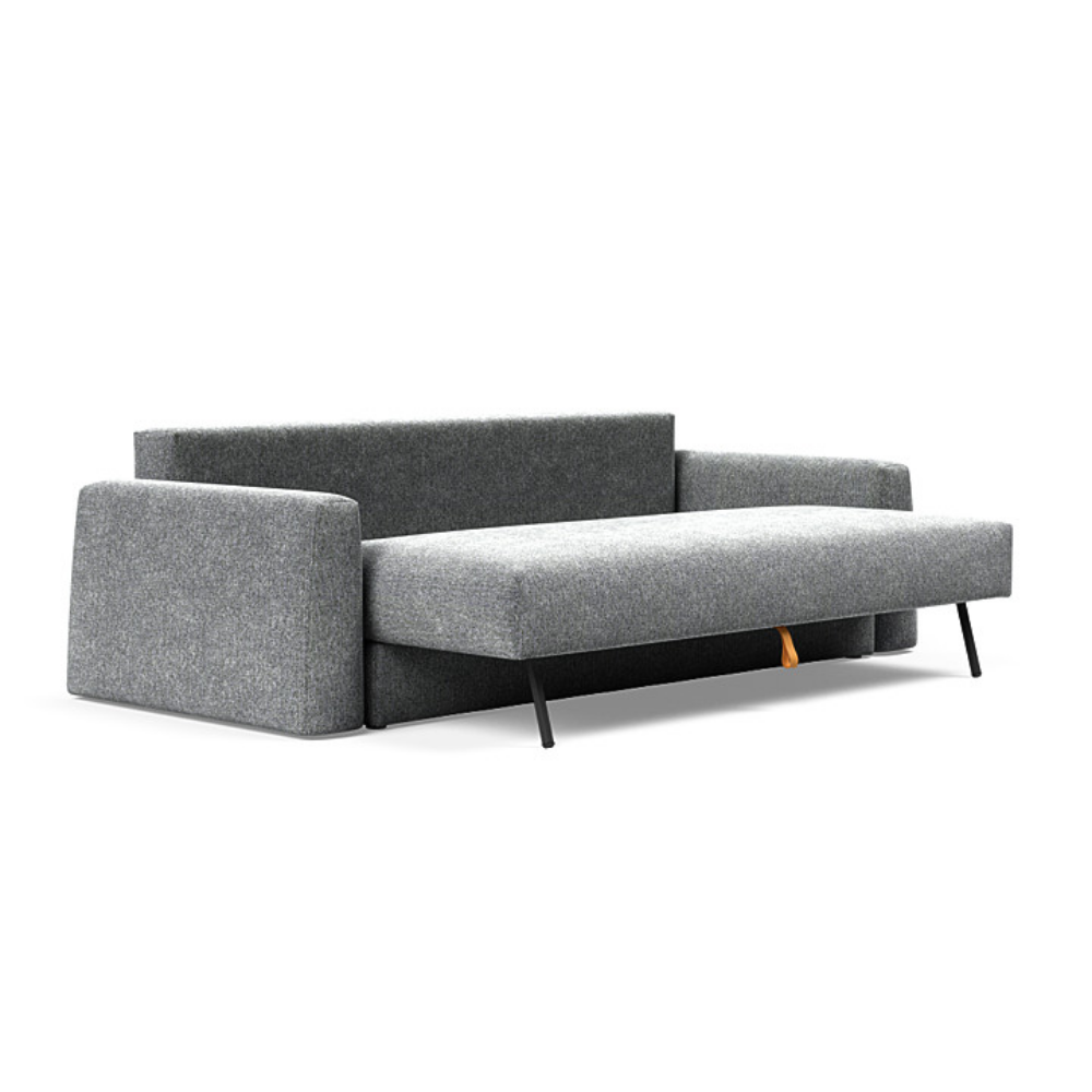The Cone Sleeper Sofa from Innovation Living with taura slate grey 351 upholstery seat pulled out of the couch.