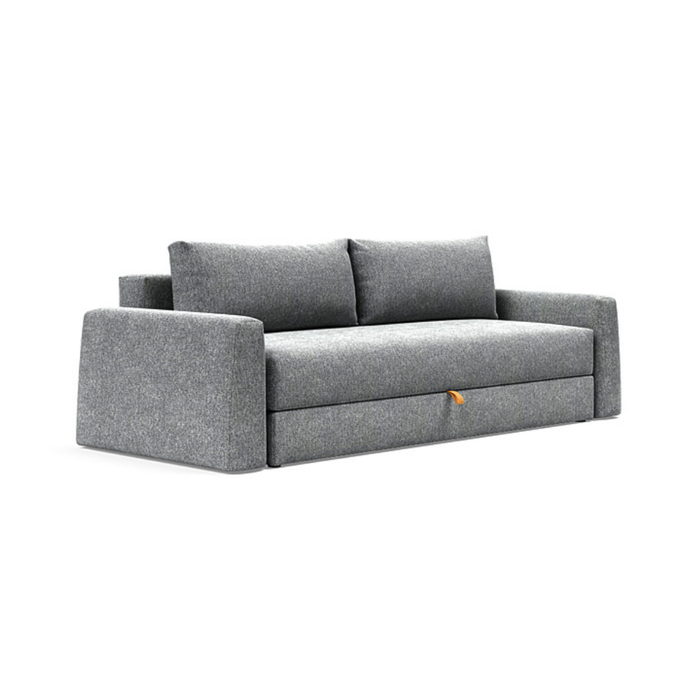 The Cone Sleeper Sofa from Innovation Living with taura slate grey 351 upholstery setup as a sofa.