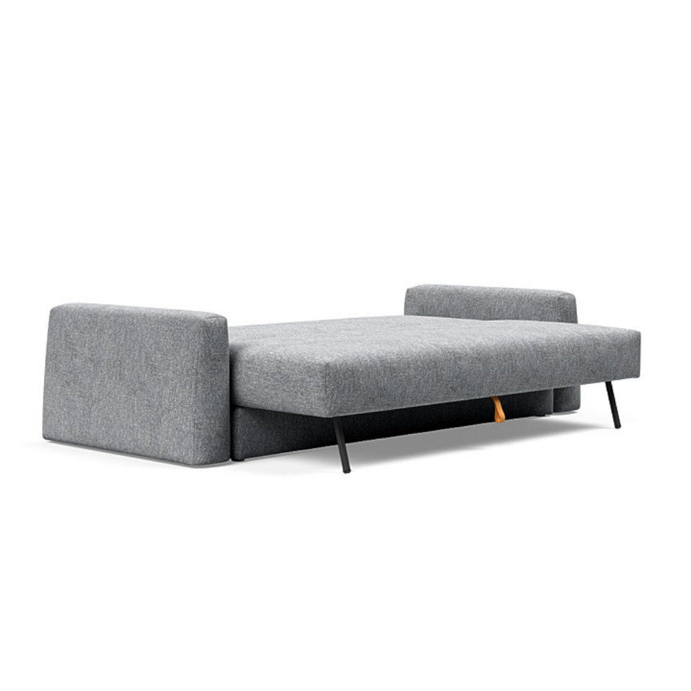 The Cone Sleeper Sofa from Innovation Living with twist granite 565 upholstery setup as a bed.