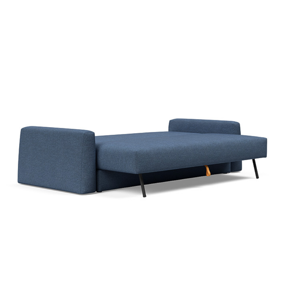 The Cone Sleeper Sofa from Innovation Living with weda blue 302 upholstery setup as a bed.