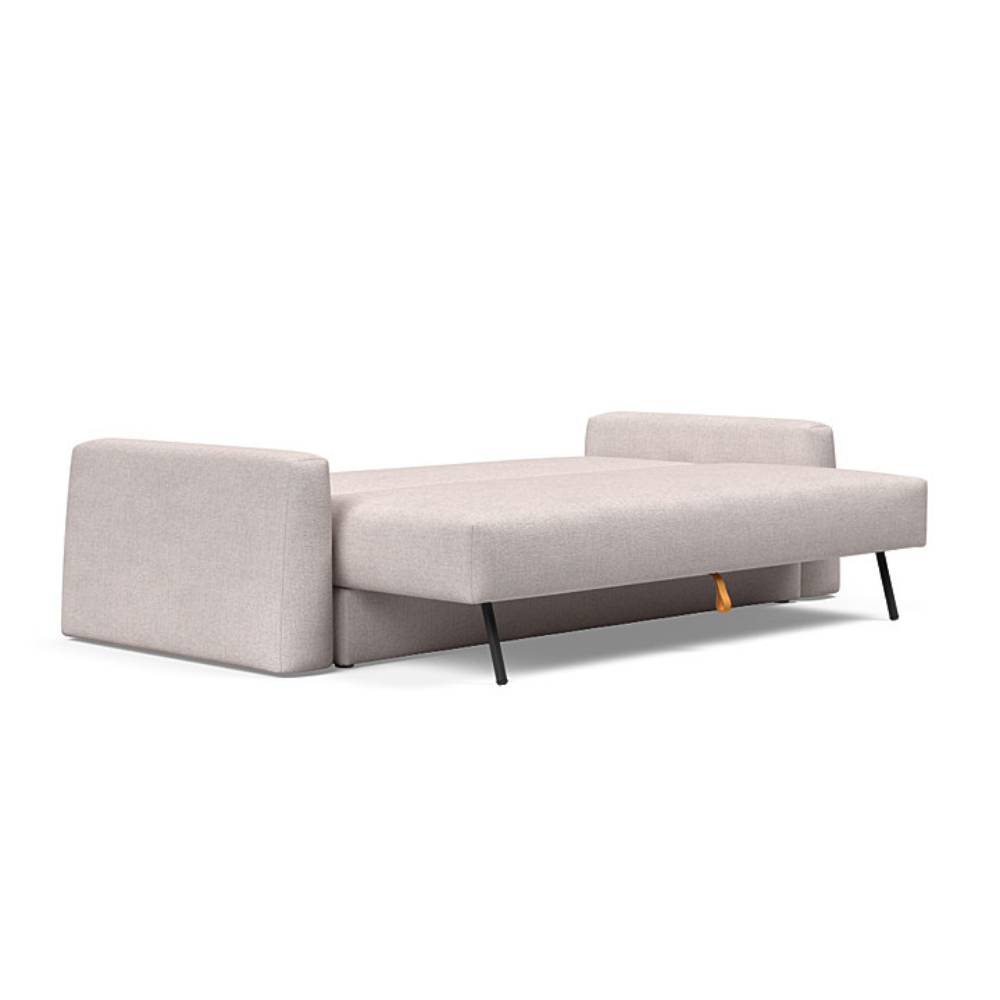 The Cone Sleeper Sofa from Innovation Living with weda sand 300 upholstery setup as a bed.