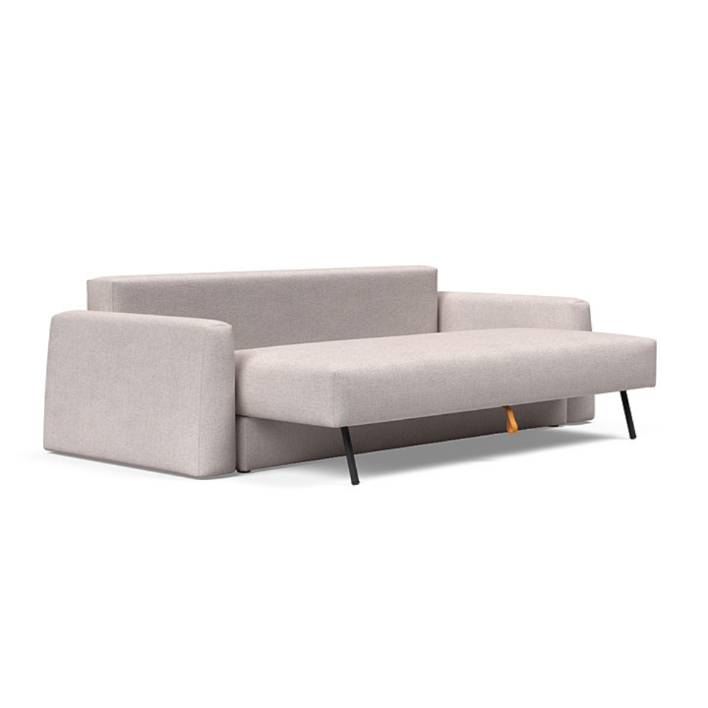 The Cone Sleeper Sofa from Innovation Living with weda sand 300 upholstery seat pulled out of the couch.