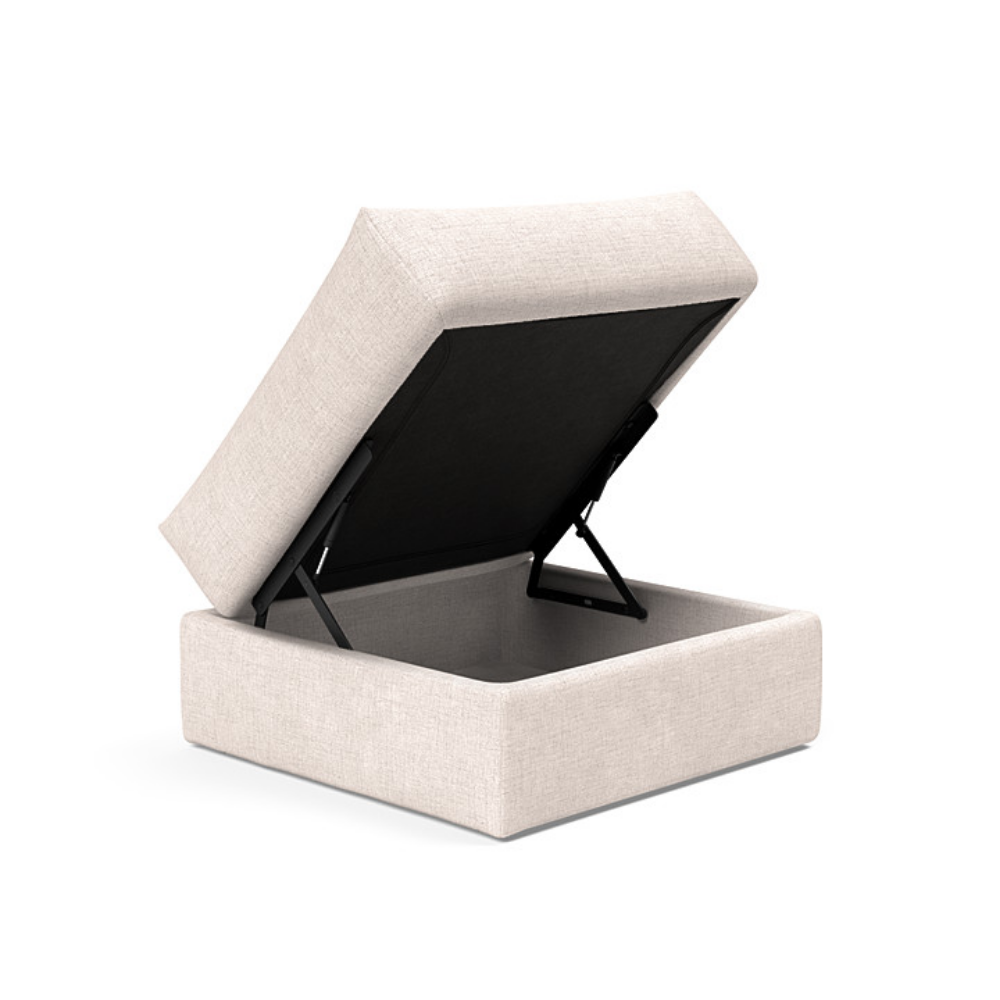 The Cornila Ottoman from Innovation Living with adario basmati 255 upholstery open.