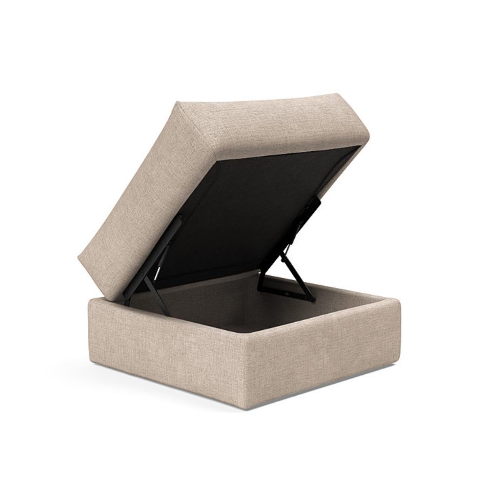 The Cornila Ottoman from Innovation Living with adario taupe 257 upholstery open.