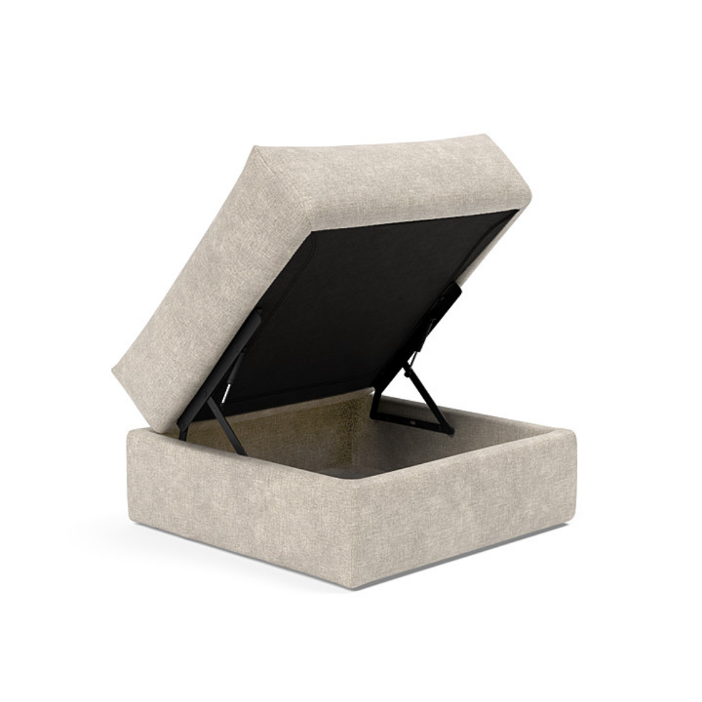 The Cornila Ottoman from Innovation Living with avella sand 280 upholstery open.