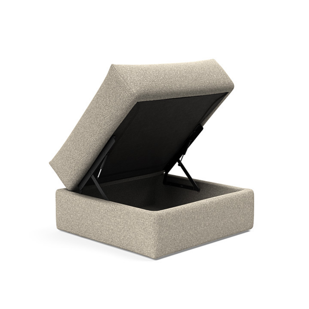 The Cornila Ottoman from Innovation Living with boucle beige 539 upholstery open.