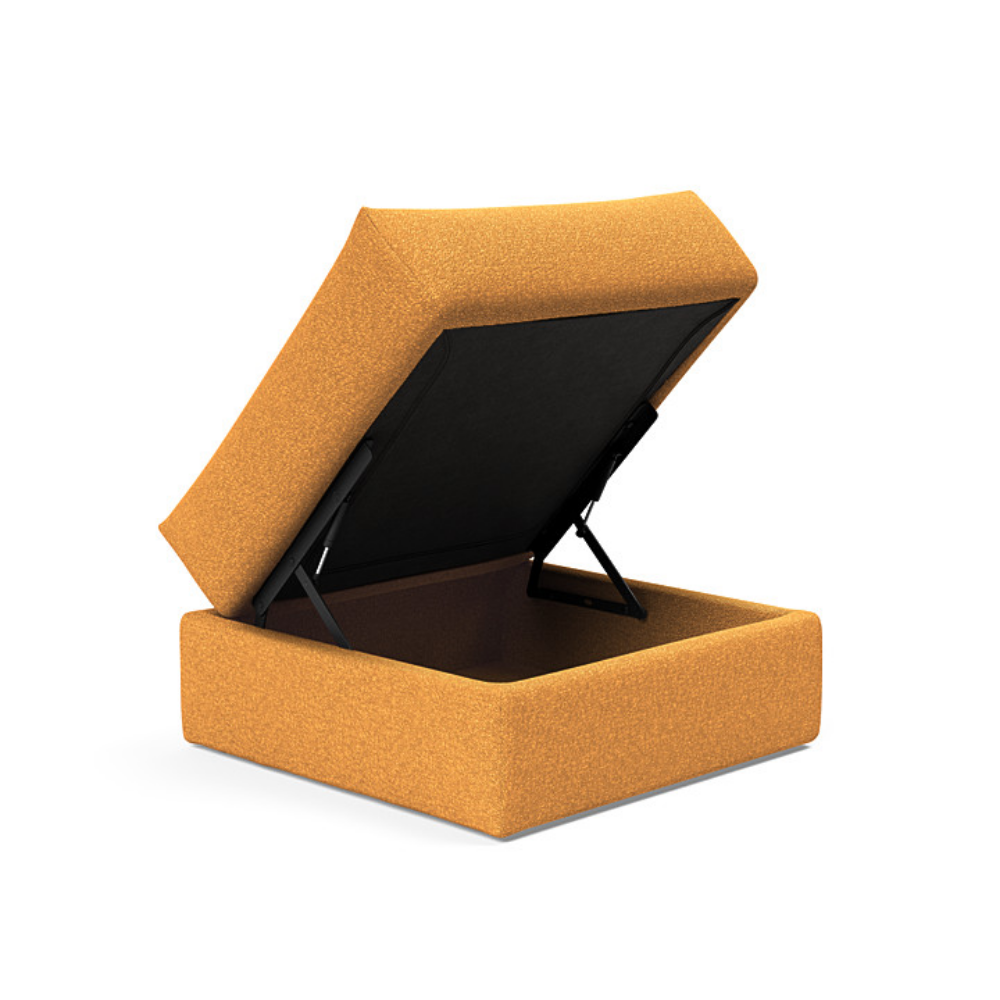The Cornila Ottoman from Innovation Living with boucle ochre 536 upholstery open.