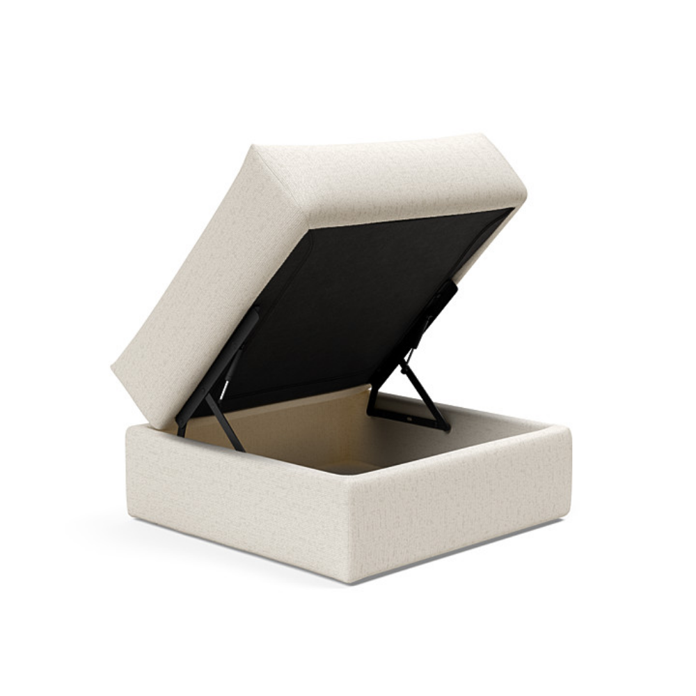 The Cornila Ottoman from Innovation Living with boucle off white 531 upholstery open.