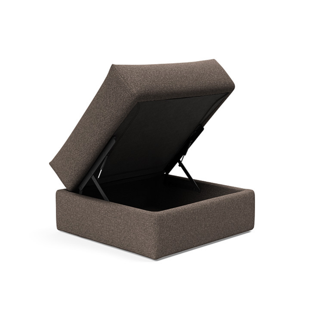 The Cornila Ottoman from Innovation Living with boucle taupe 530 upholstery open.