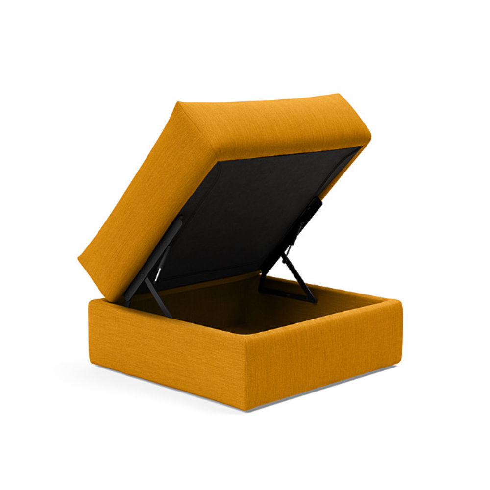 The Cornila Ottoman from Innovation Living with elegance burned curry 507 upholstery open.