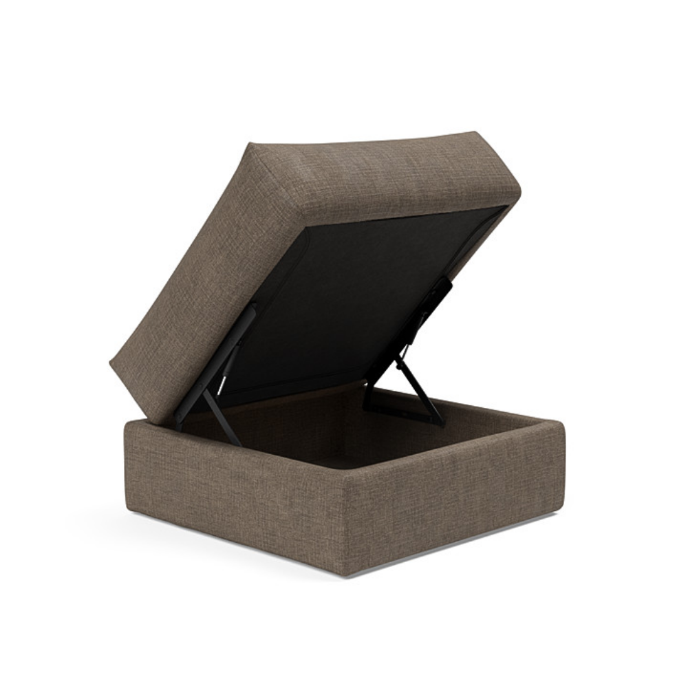 The Cornila Ottoman from Innovation Living with esina cedar brown 411 upholstery open.