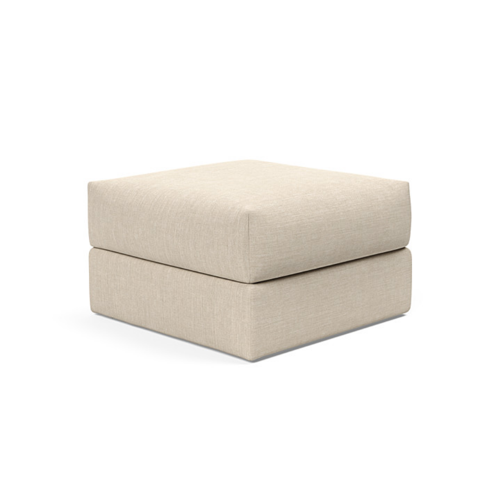 The Cornila Ottoman from Innovation Living with phobos latte 586 upholstery.