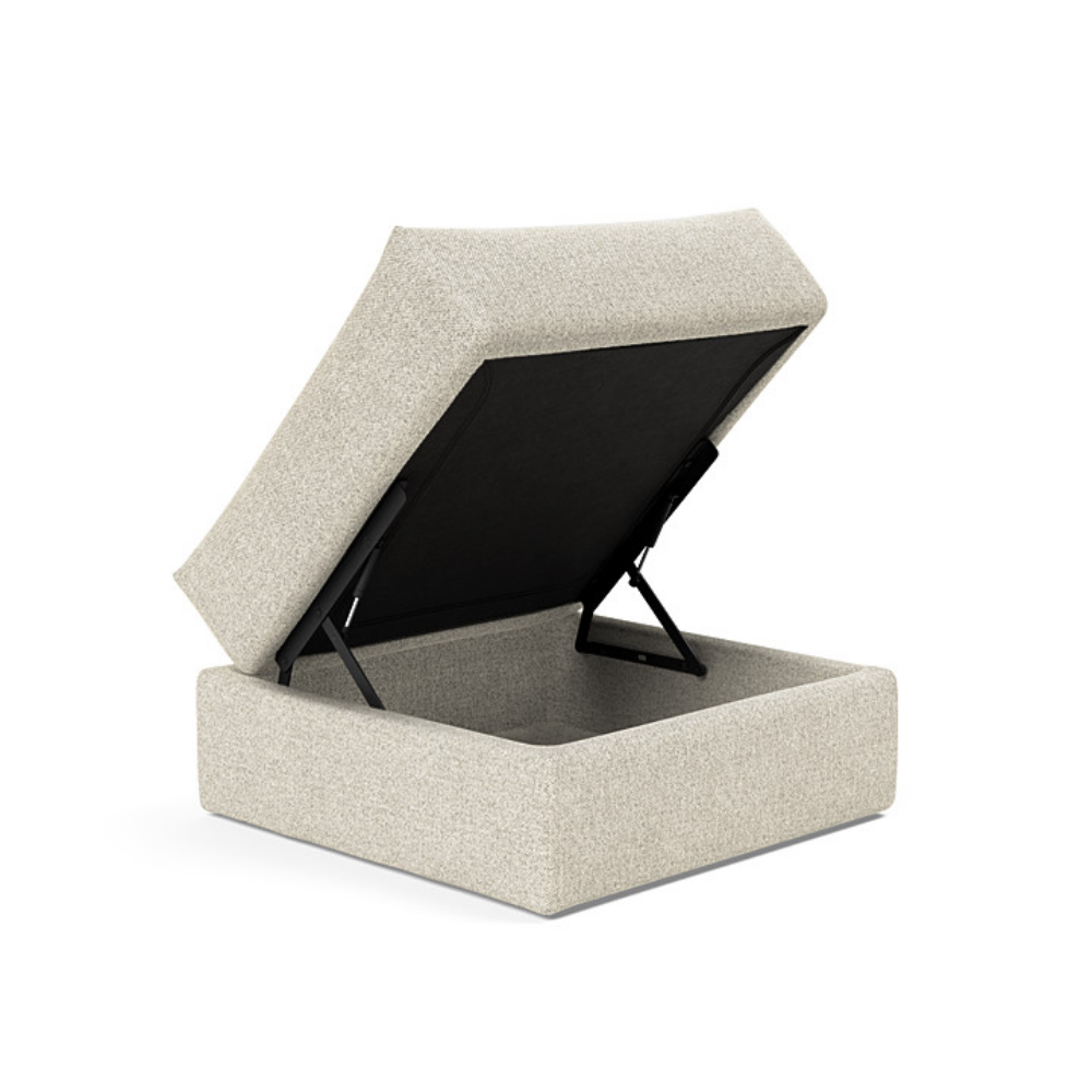 The Cornila Ottoman from Innovation Living with taura off white 357 upholstery open.