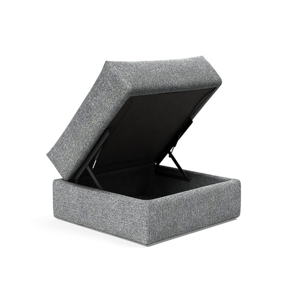 The Cornila Ottoman from Innovation Living with taura slate grey 351 upholstery open.