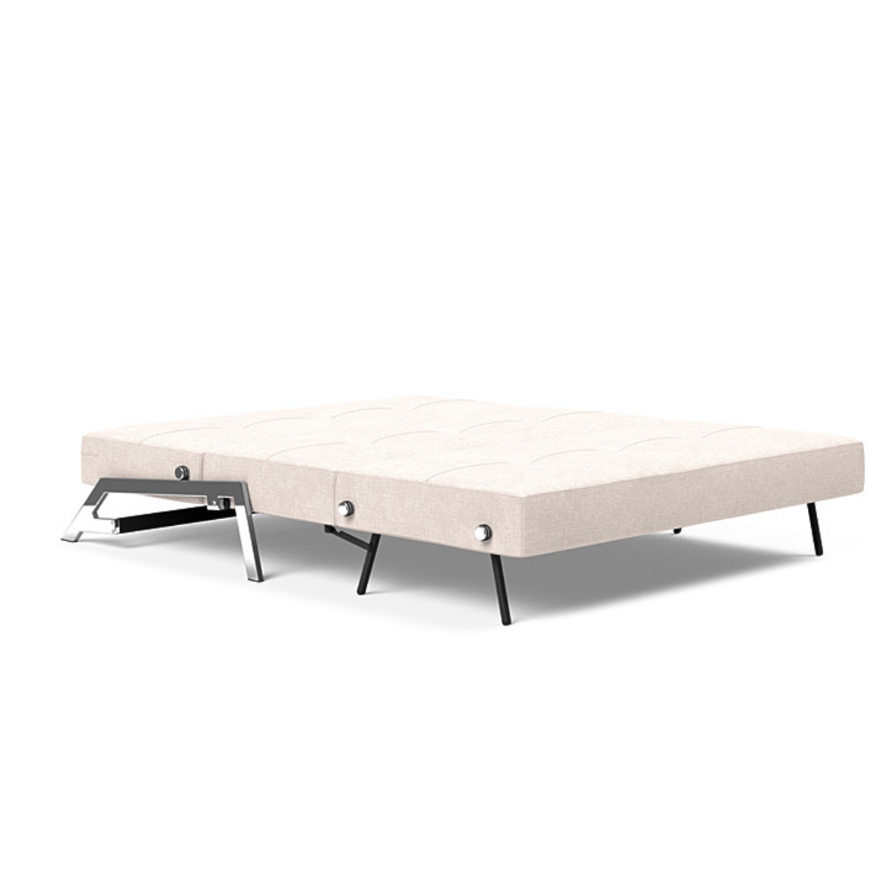 The Cubed Queen Size Sleeper Sofa with Chrome Legs from Innovation Living with adario basmati 255 upholstery setup as a bed.