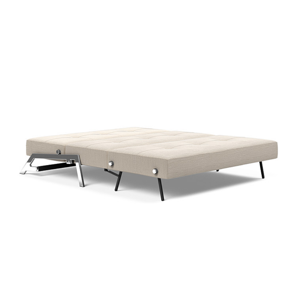 The Cubed Queen Size Sleeper Sofa with Chrome Legs from Innovation Living with blida sand grey 612 upholstery setup as a bed.