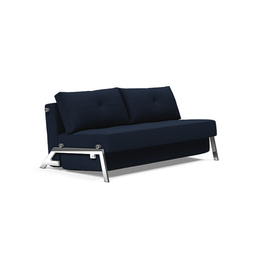 The Cubed Queen Size Sleeper Sofa with Chrome Legs from Innovation Living with mixed dance blue 528 upholstery setup as a sofa.