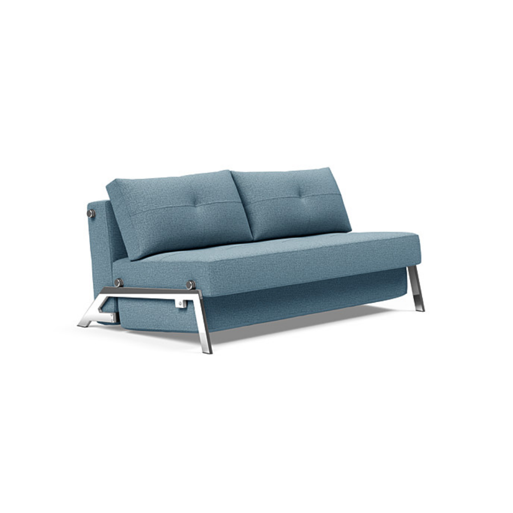 The Cubed Queen Size Sleeper Sofa with Chrome Legs from Innovation Living with mixed dance light blue 525 upholstery setup as a sofa.