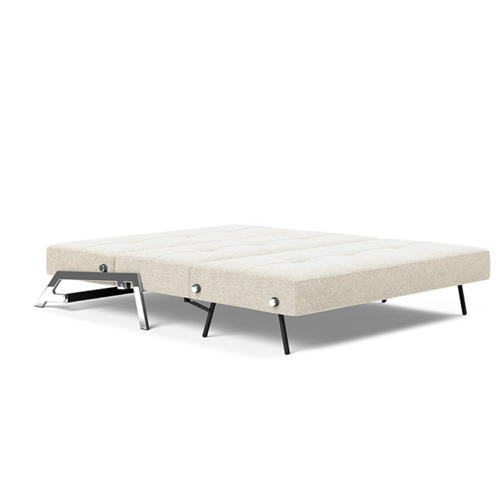The Cubed Queen Size Sleeper Sofa with Chrome Legs from Innovation Living with taura off white 357 upholstery setup as a bed.