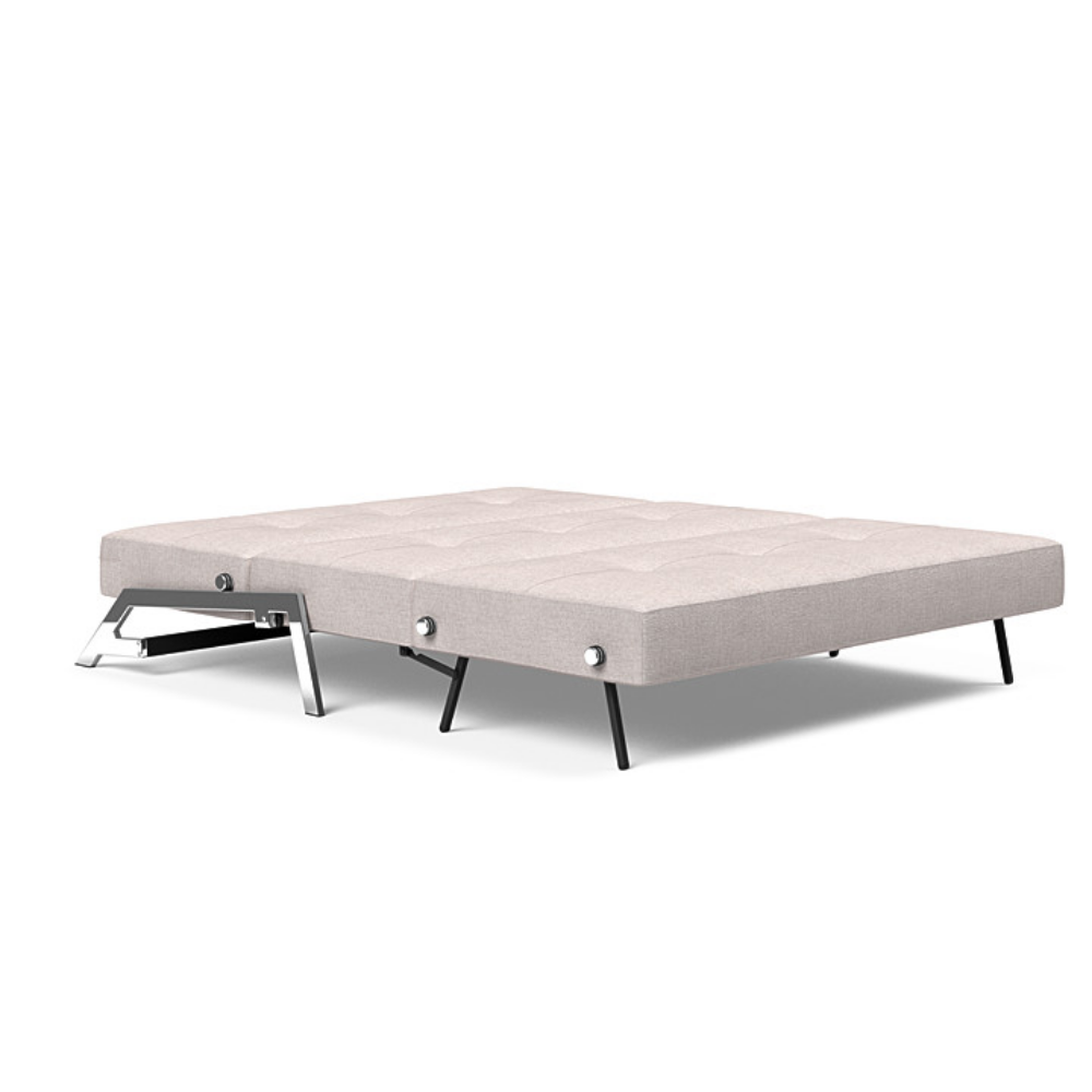 The Cubed Queen Size Sleeper Sofa with Chrome Legs from Innovation Living with weda sand 300 upholstery setup as a bed.