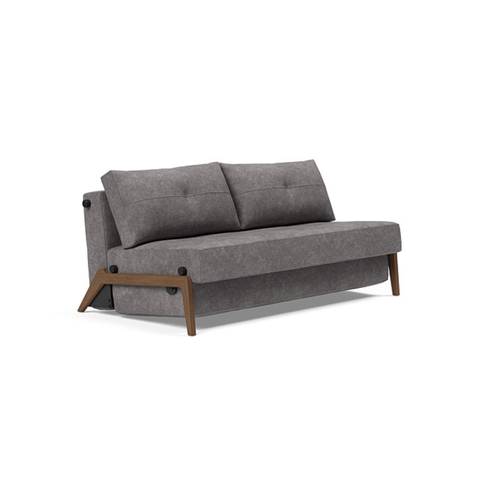 The Cubed Queen Size Sleeper Sofa with Wood Legs from Innovation Living with dark lacquered oak legs and avella warm grey 282 upholstery setup as a sofa.